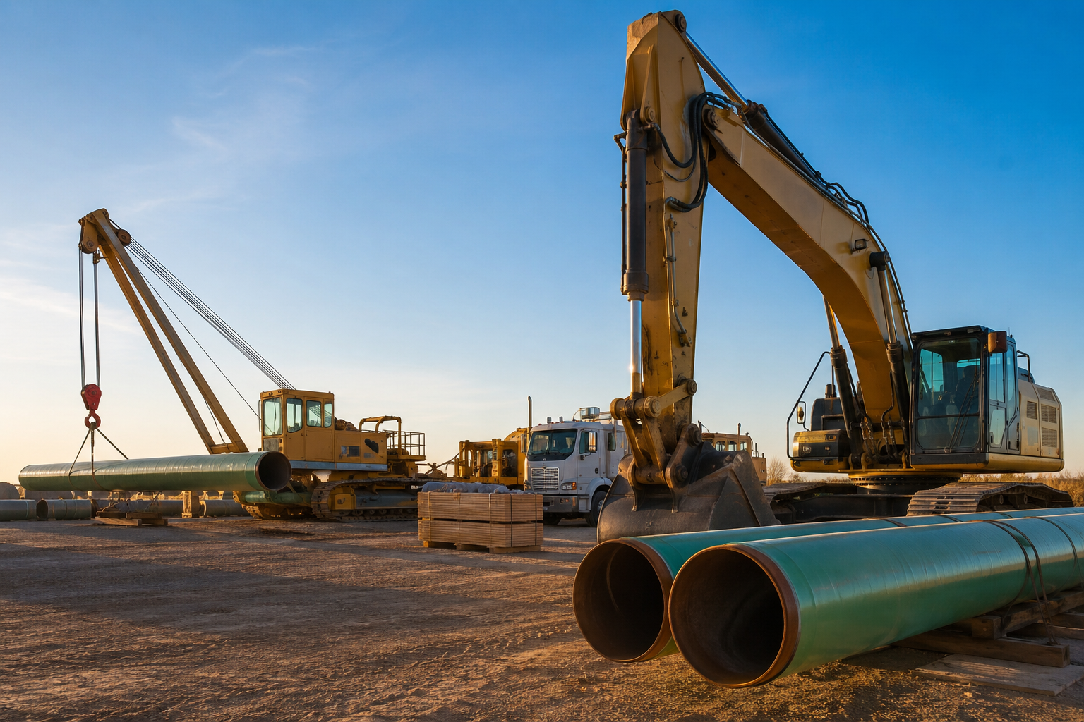 Heavy pipeline construction equipment staged in a yard